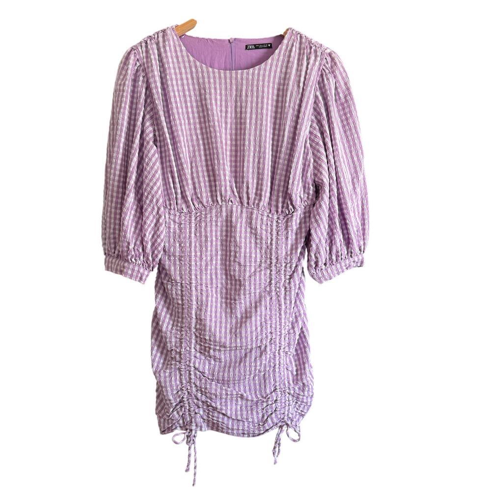 ZARA | Bloggers Favorite Lilac Purple Gingham Mini Dress Ruched Skirt |  Large